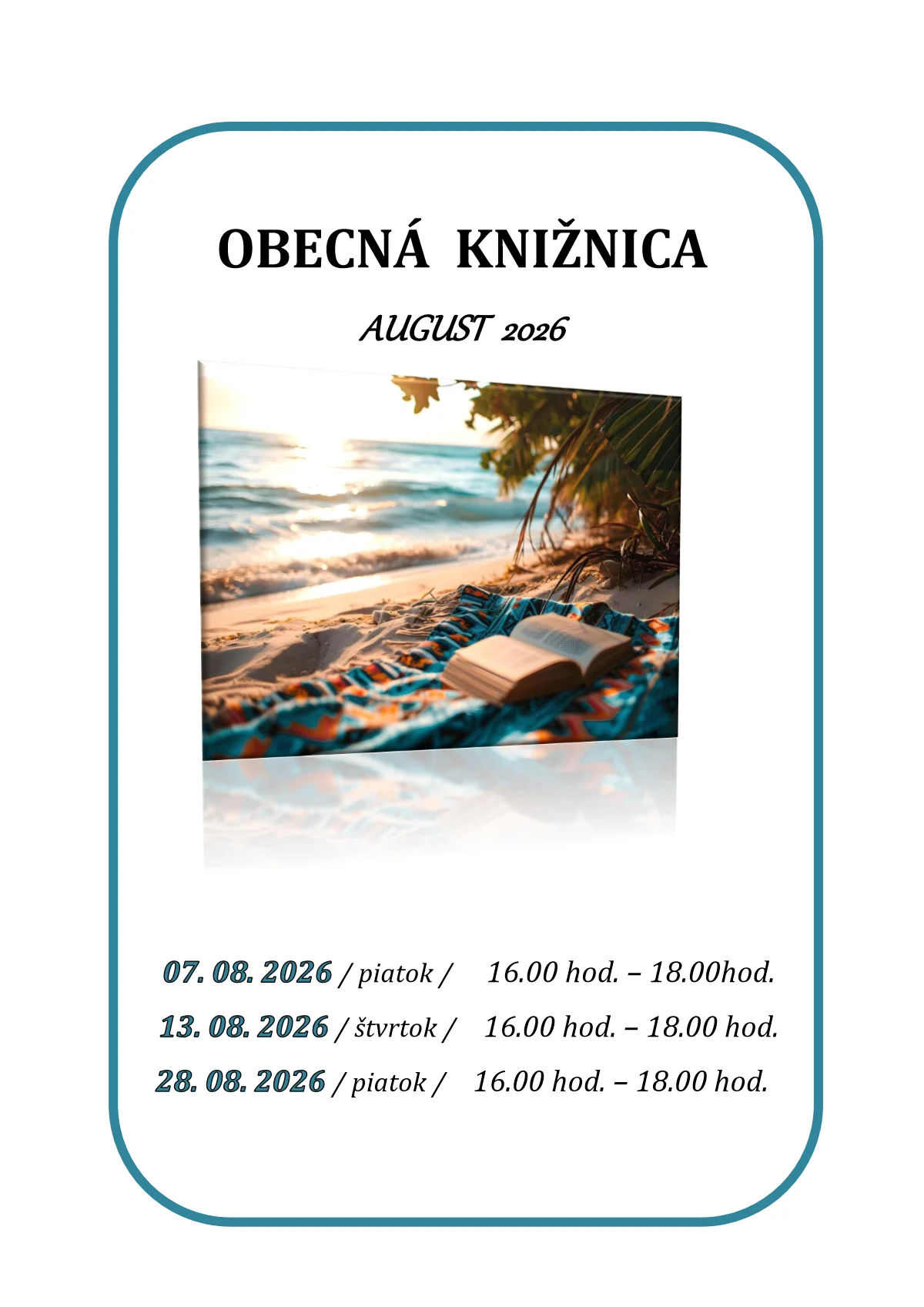 Obecná knižnica – otváracie hodiny v auguste 2026