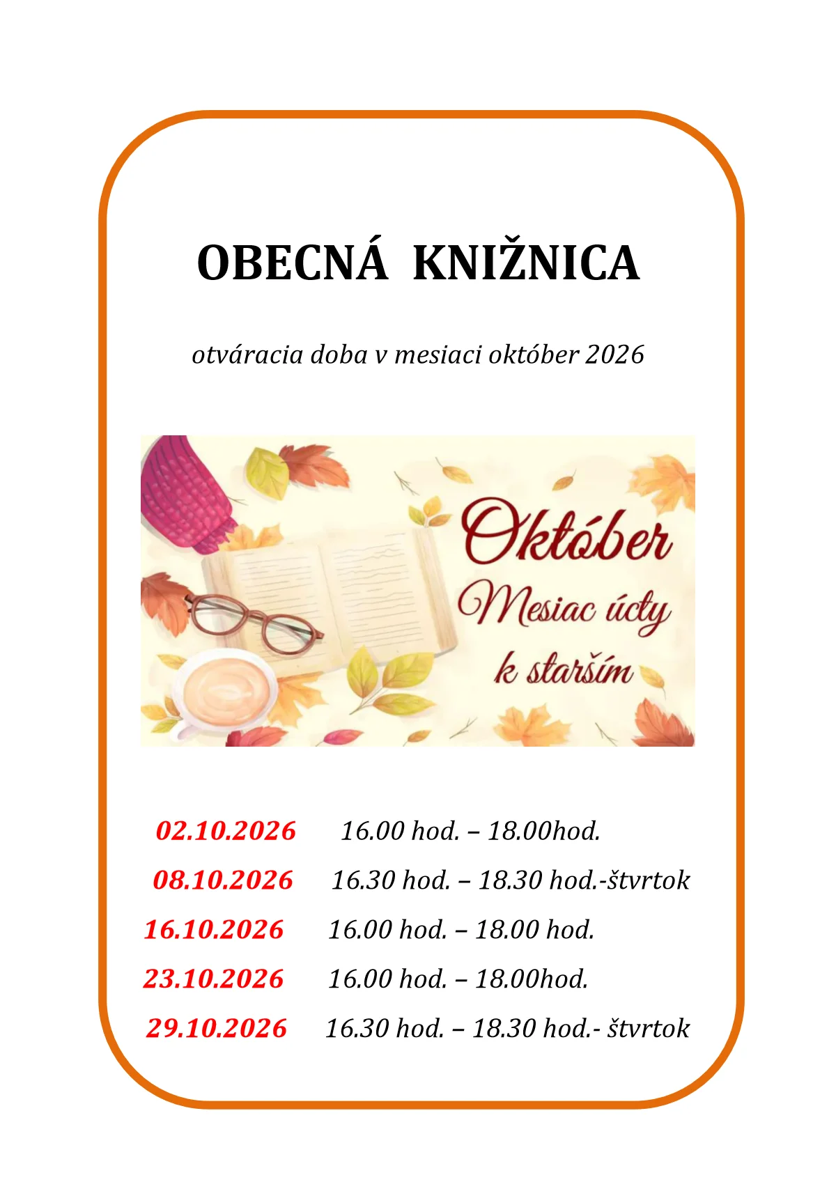 Otváracia doba obecnej knižnice - október 2026