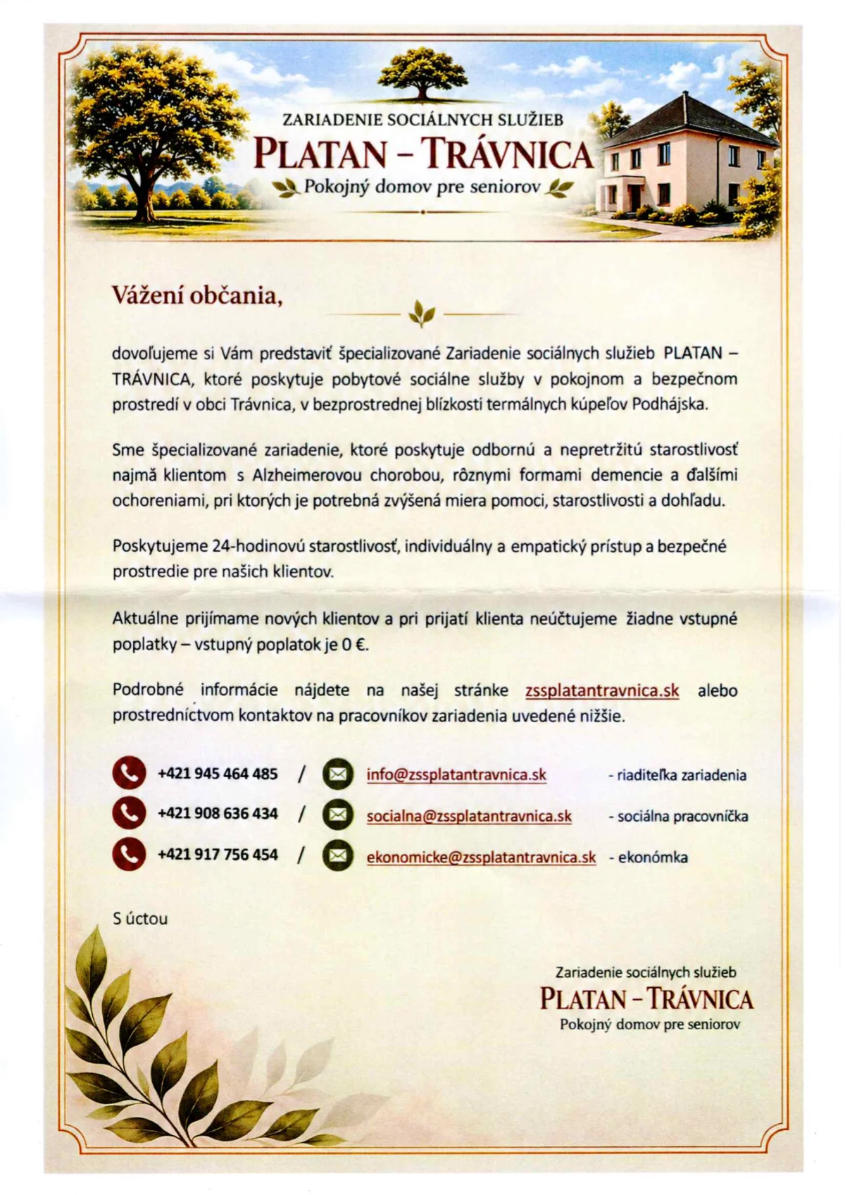 Zariadenie sociálnych služieb Platan - Trávnica prijíma nových klientov